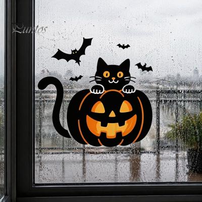 Wetterfeste Halloween-Deko für Balkon Kürbis Wandaufkleber, Schwarze Katze mit Fliegenden Fledermäusen Abziehbild, Festlicher Aufkleber Glastüren Wasserdicht Abziehbar