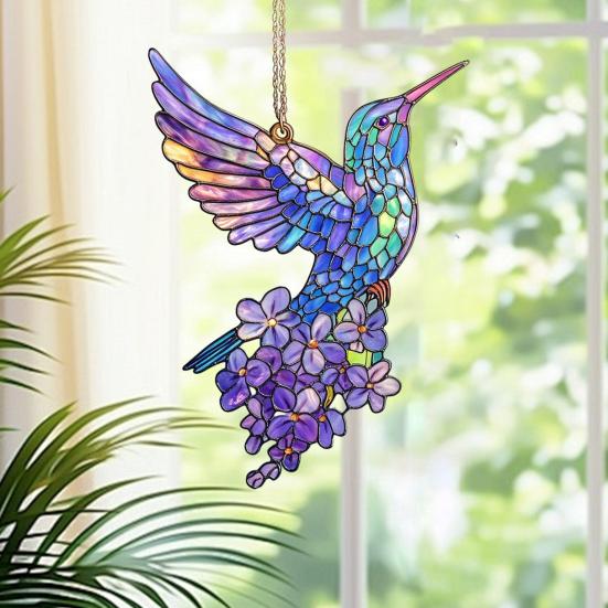 Barevný lapač slunce s kolibříkem Vitrážové akrylové květinové a kolibříkové dekorace Závěsný lapač slunce