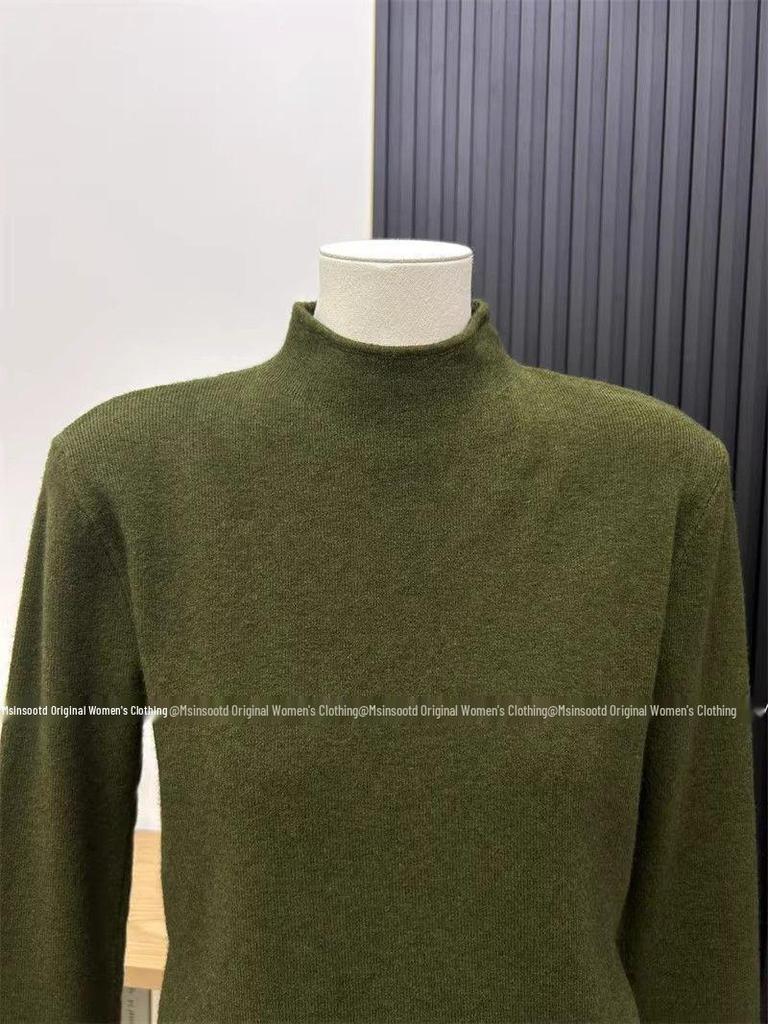 Olive Green Women's Slimming Knit Sweater - Autumn/Winter Half-High Neck Base Layer