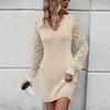 2025 Solid Color V-Neck Knit Dress with Hollow Design for Women - Long Sleeve, Fashionable Spring/Autumn Wear