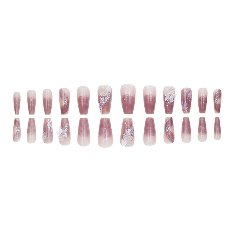 

24Pcs Pink Bow Press On Nails 3D Flower With Pearl Design Acrylic Nails Ballerina Full Cover French False Nail Tips For Women