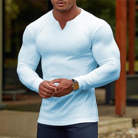 Men T-shirt Solid Color Ribbed Long Sleeve V Neck Streetwear Autumn Winter Bottoming Shirt Tee Shirt Men Clothing