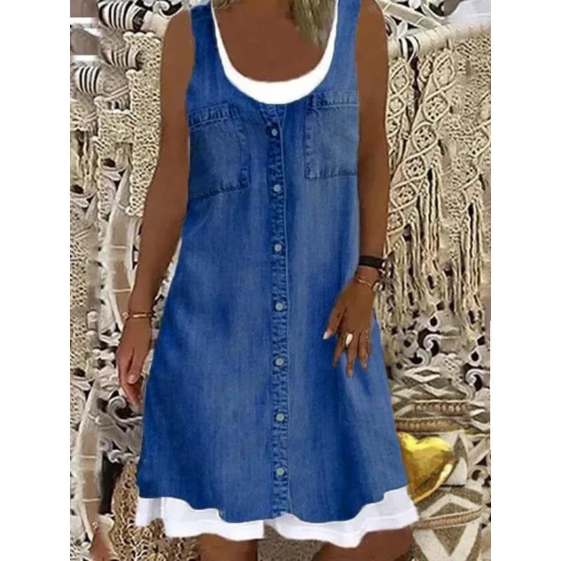 Fashionable Fake Two Denim Printed Casual Dresses