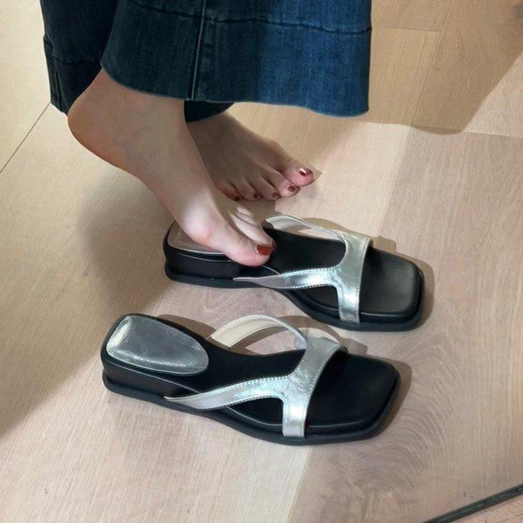 Soft leather version~ Korean version of simple outer wear thick-soled one-word slippers women's retro casual soft-soled open-toed simple cool slippers