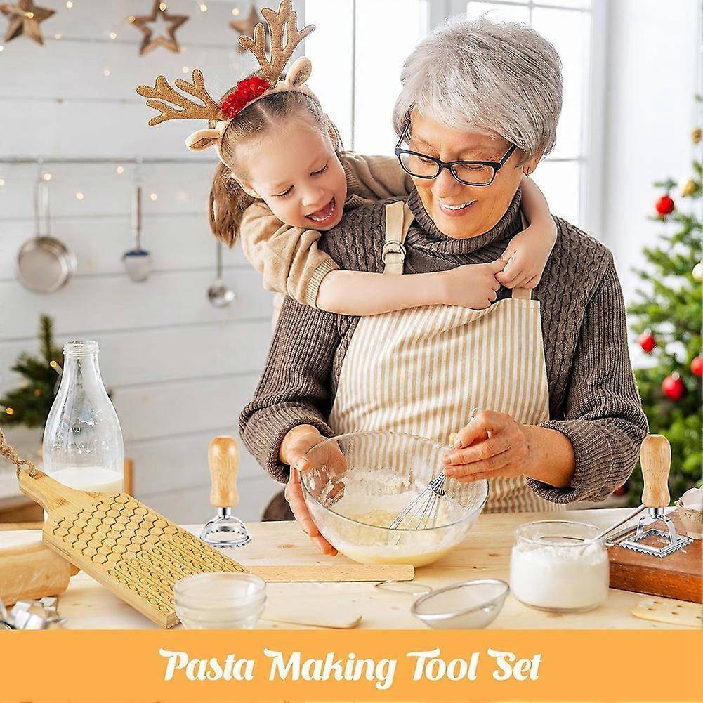 7-Piece Gnocchi Pasta Making Tools, Wooden Pasta Board with Ravioli Stamp and Rolling Pin Set, for Homemade Pasta