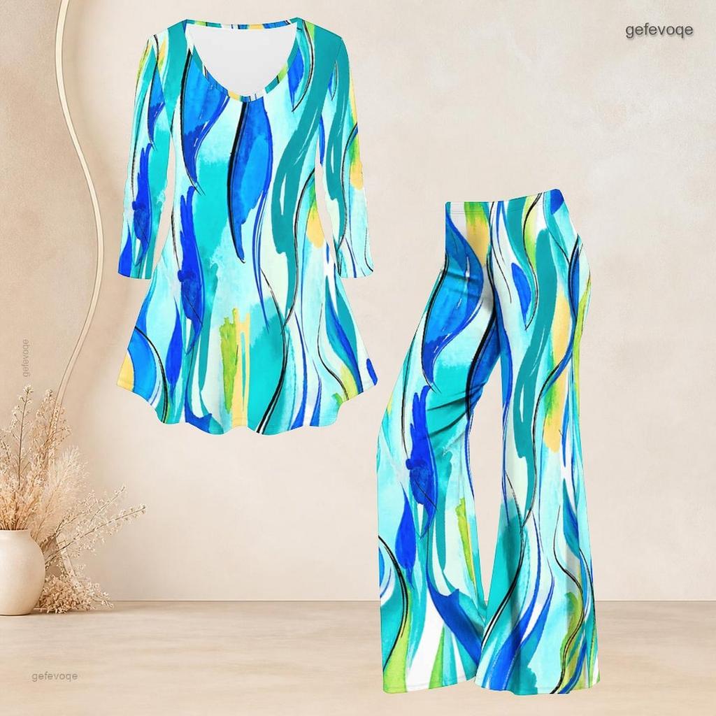 Women Plus Size V Neck Three Quarter Sleeve Blue Pink White Printed Flared Top And Flared Pants Two Piece Set