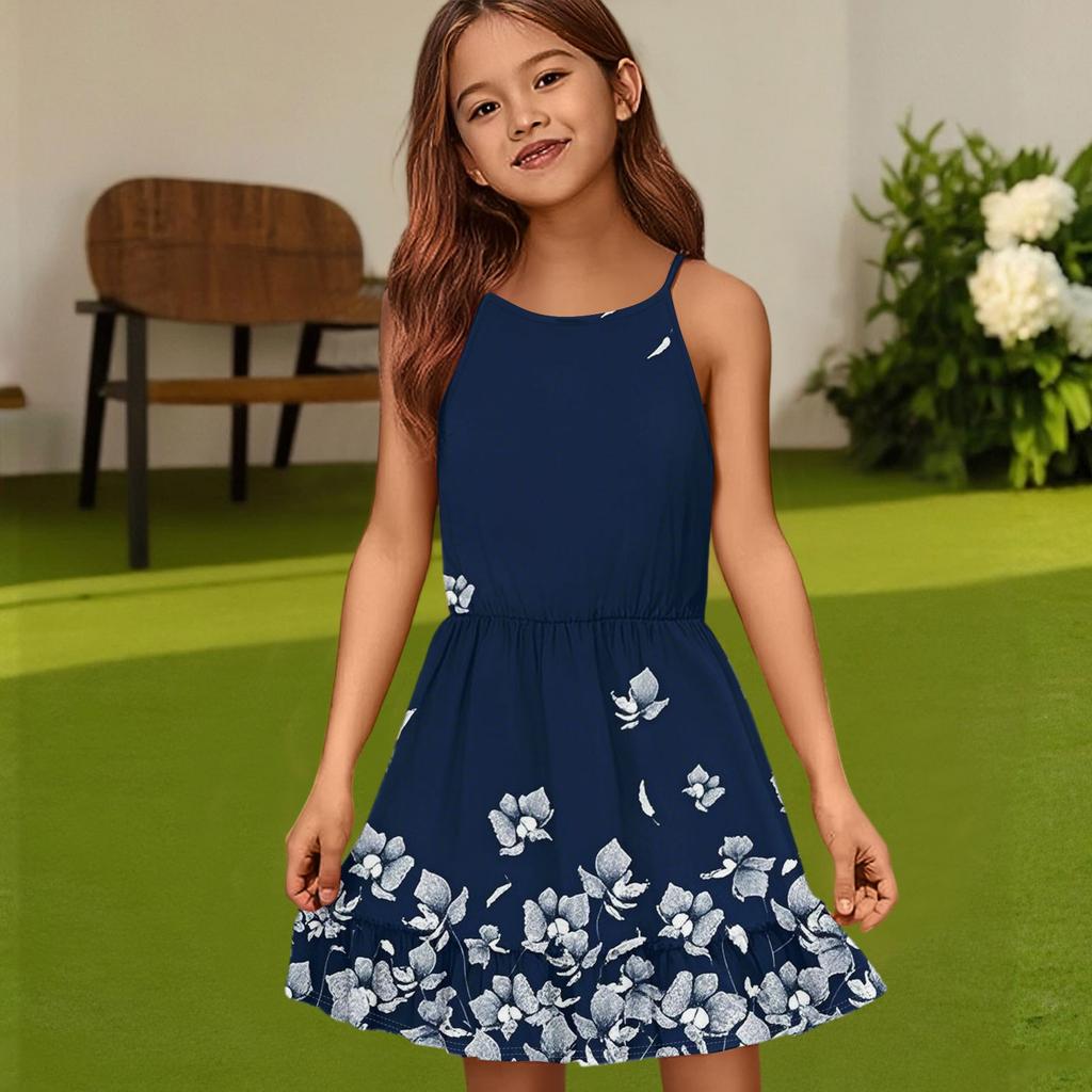 Rochie de vară casual pentru copii, cu gât rotund, culoare uni, fără mâneci