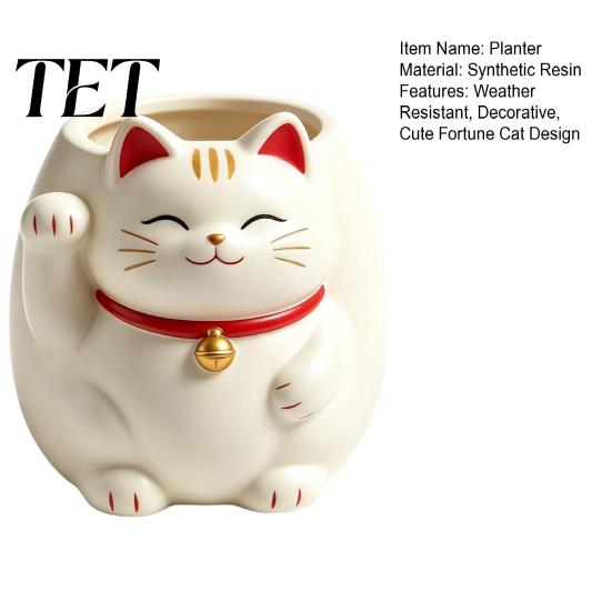 Fortune Cat Statue Planter Cute Planter, Resin Beckoning Kitty Flower Pot, Auspicious for Succulents Cartoon Plant Pot Succulents, Indoor Office Desk