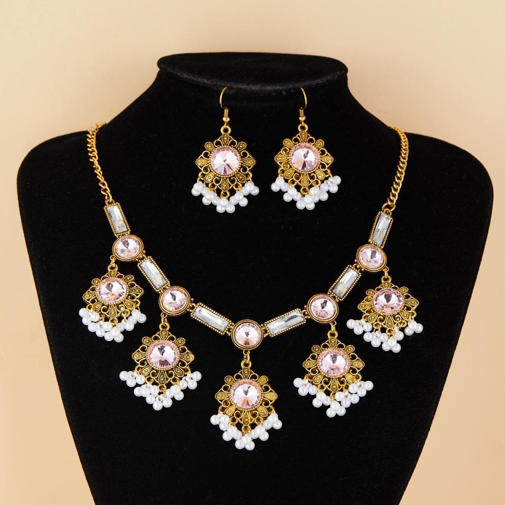 Bohemian Vintage Quasten Halsketten- und Ohrring-Set, Strassstein Ethnischer Stil Schmuck für Damen