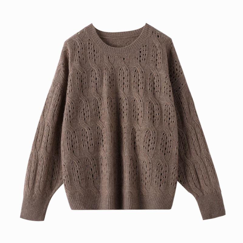 Women's Round Neck Crochet Cashmere Sweater - Soft, Warm, Fashionable Knit for Spring & Autumn