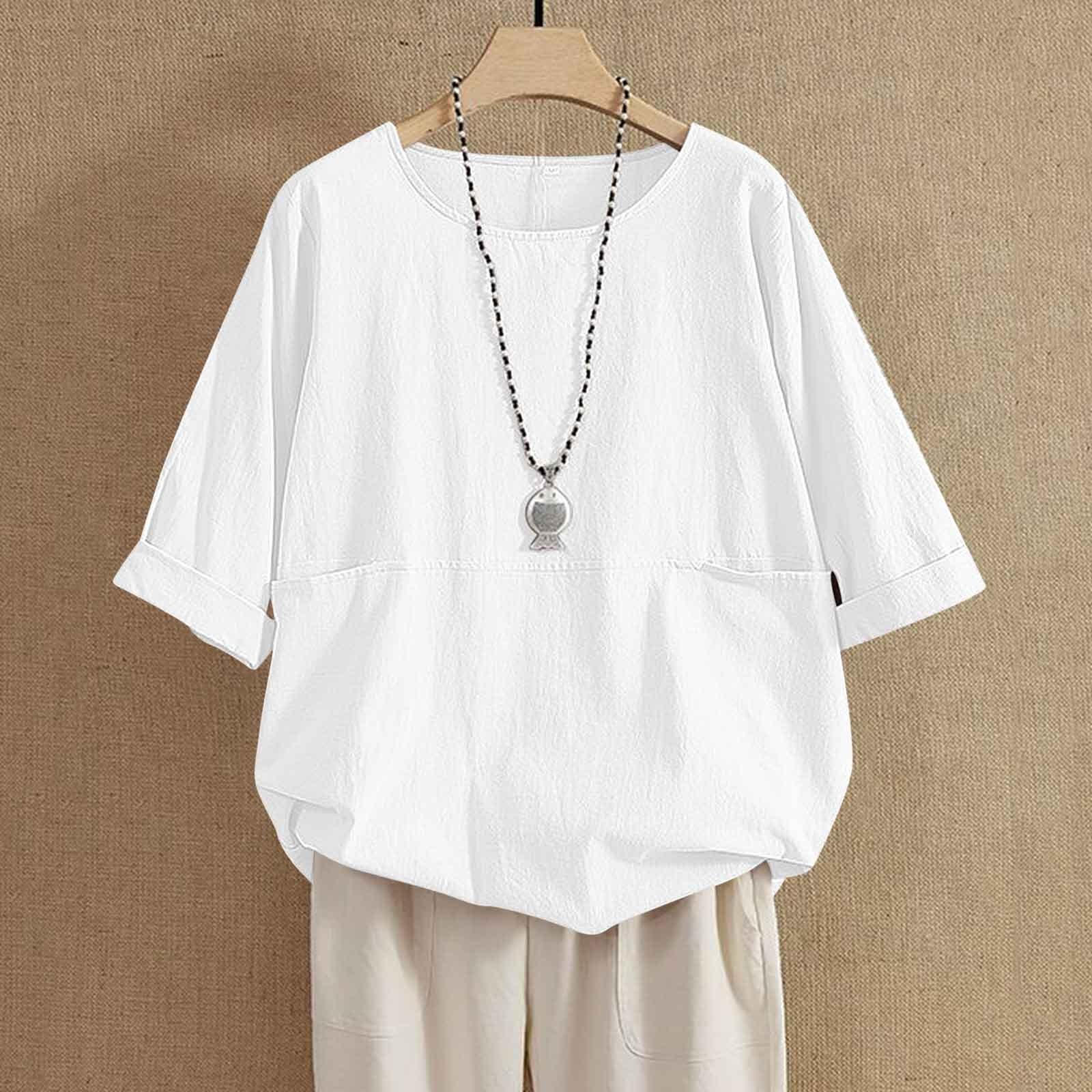 

Женская рубашка из хлопка и льна, однотонная, рукав 1/2, свободная рубашка с круглым вырезом и пуговицами XL белый