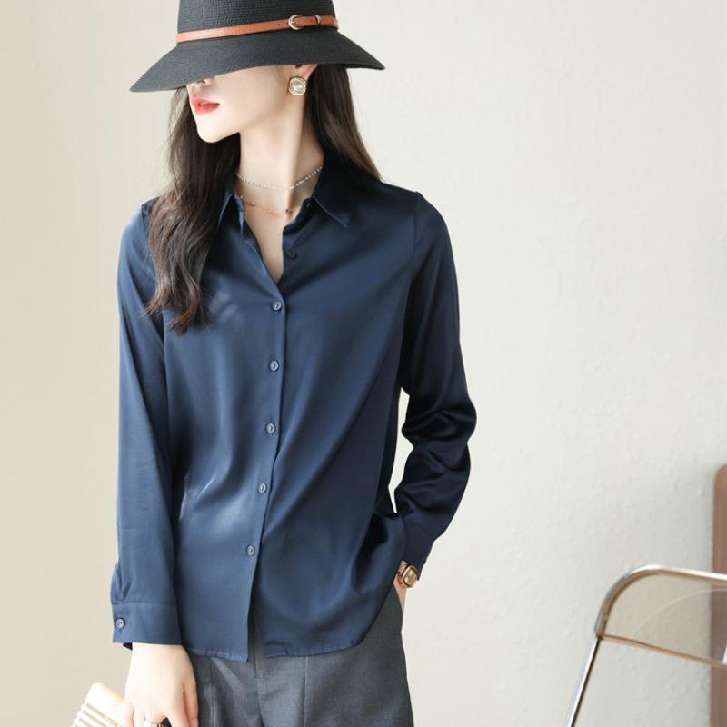 Mote Uformelt kontor Dame satengskjorte Løse lange ermede topper Solid Plus Size Damebluser Elegant Button Up Vintage Enkle Dameskjorter 25678