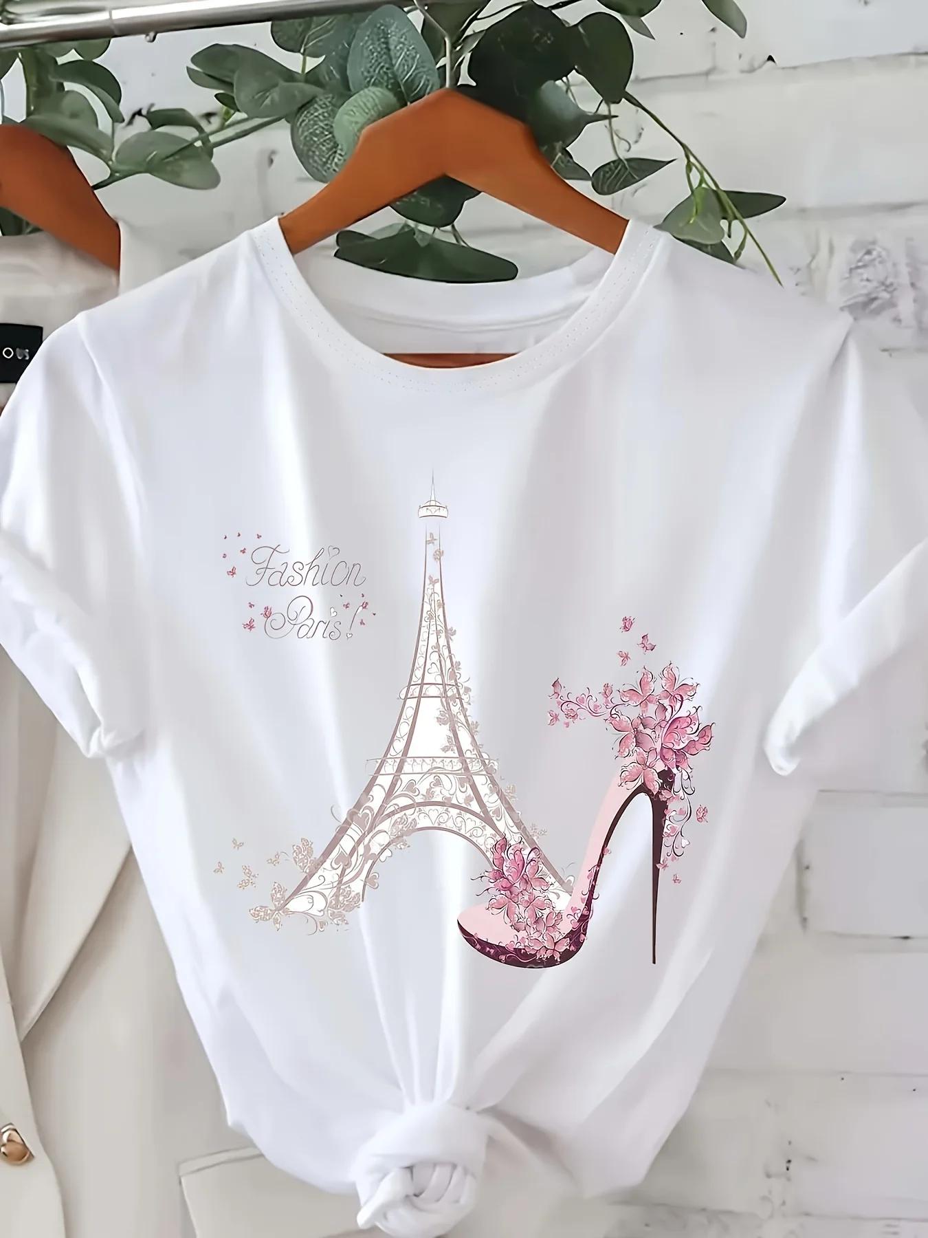 

Vibrant Eiffel Tower Graphic Tee Casual Short Sleeve Crew Neck Top for Summer with Comfortable Simple Street Women s Clothing S