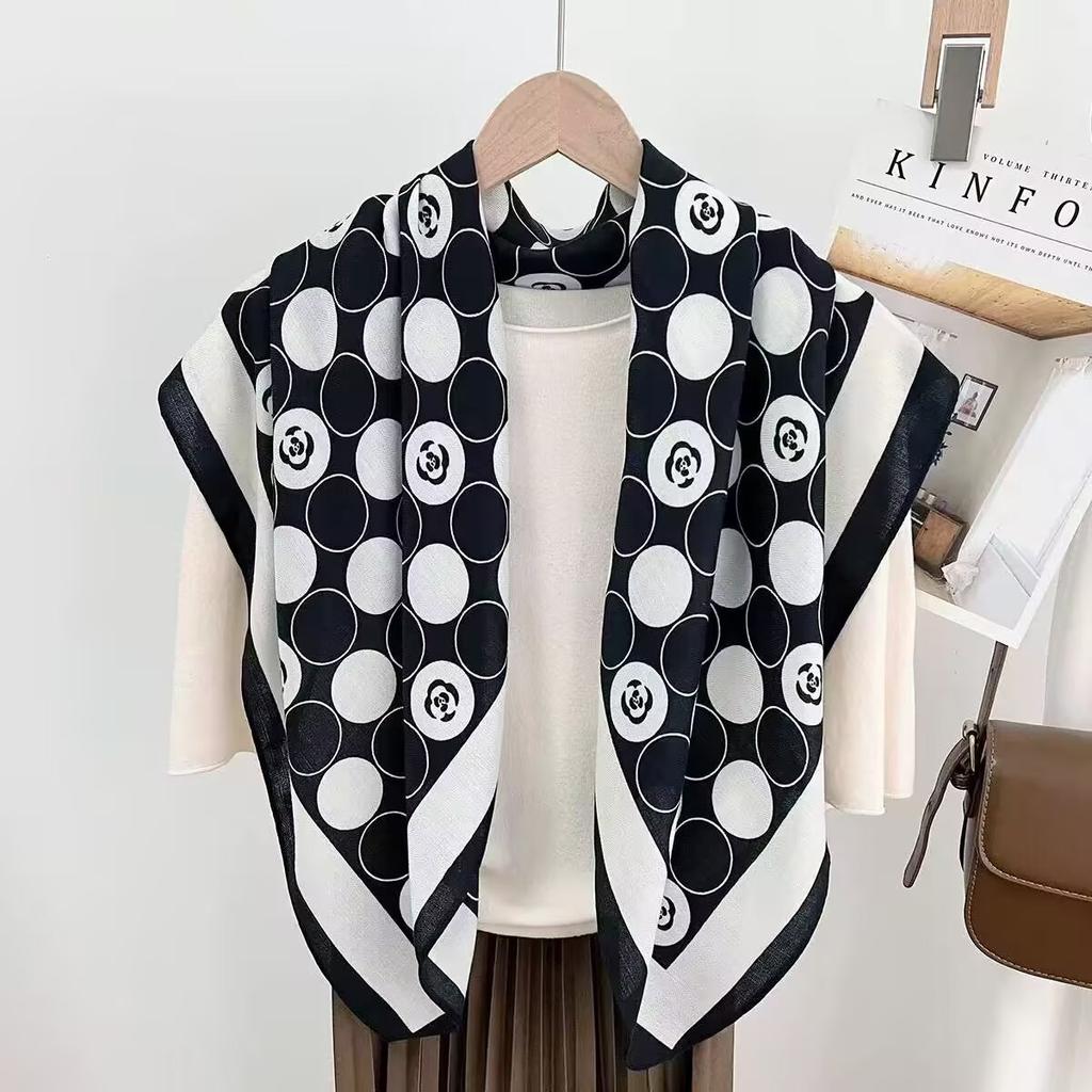 Scarf shawl women's camellia 91CM large square scarf imitation cashmere cotton and linen square scarf spring and autumn versatile scarf outside