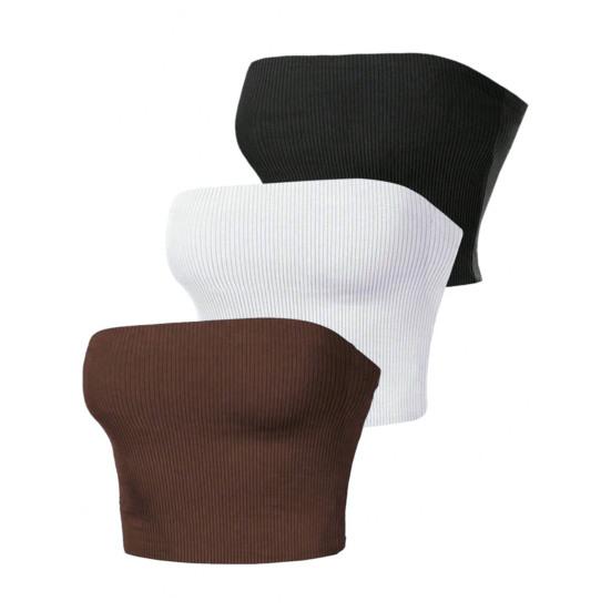 Women Ribbed Vest High Elasticity Anti-slip Bandeau Strapless Sleeveless Backless Tank Top Sweat Absorption Quick-drying Cropped Top