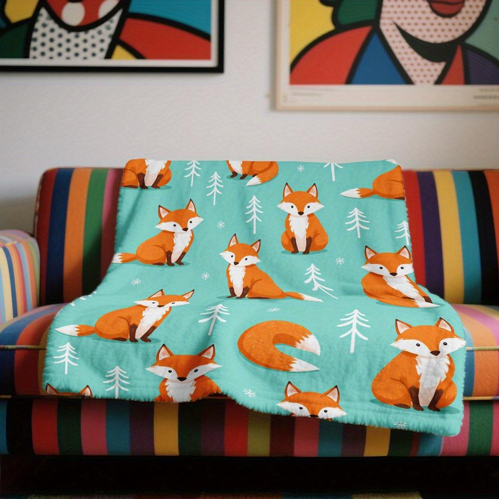 Süßer Fuchs Wintermuster Flanell Überwurf Türkis Orange Füchse Kiefern Design Weich Gemütlich Ganzjahres für Bett Sofa Auto Büro
