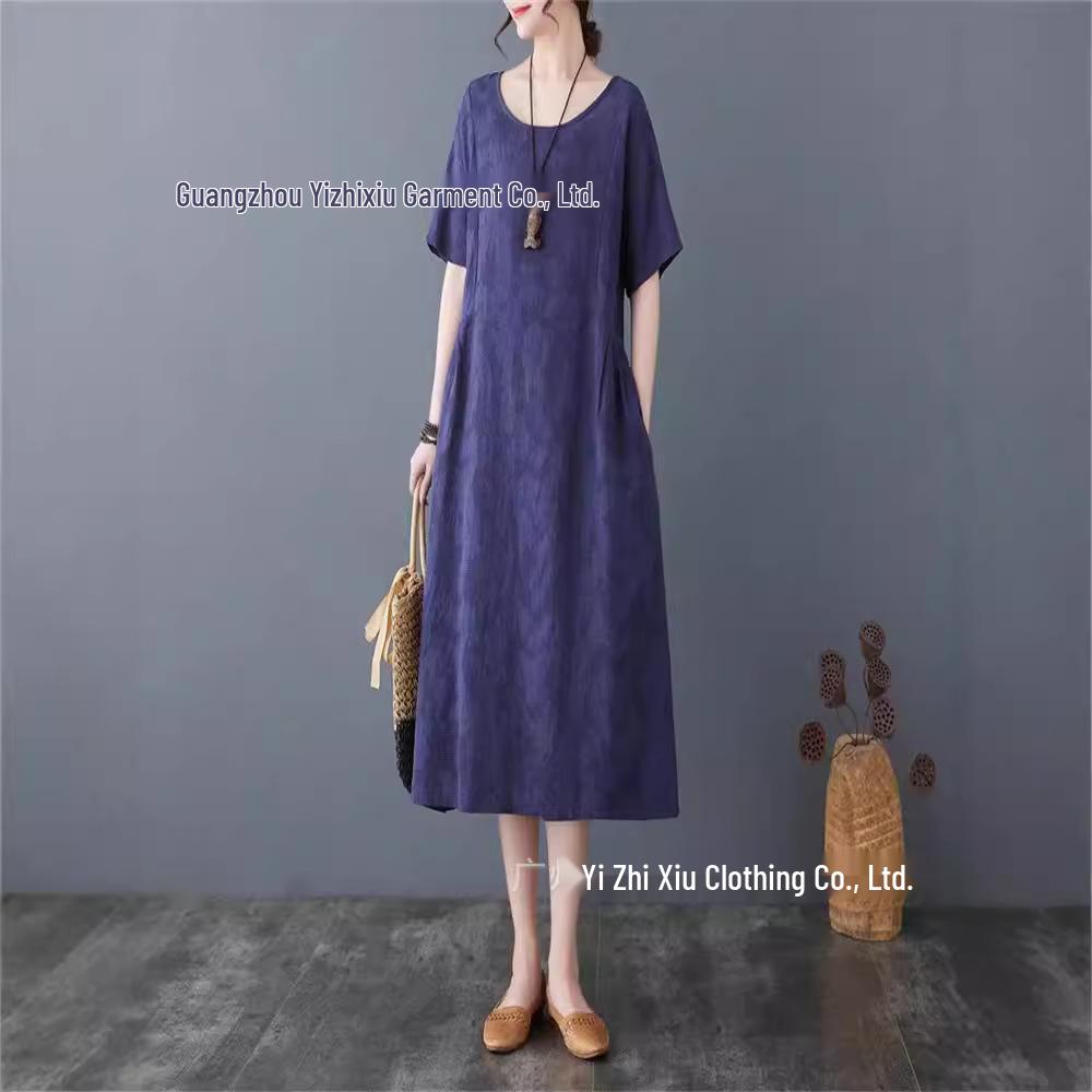 

2025 Retro Women s Jacquard Pocket Dress - Slimming Cotton Linen S
