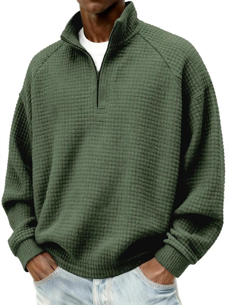Men's Vintage Check Textured Zip Sweatshirt Stand Collar Long Sleeve Casual Pullover