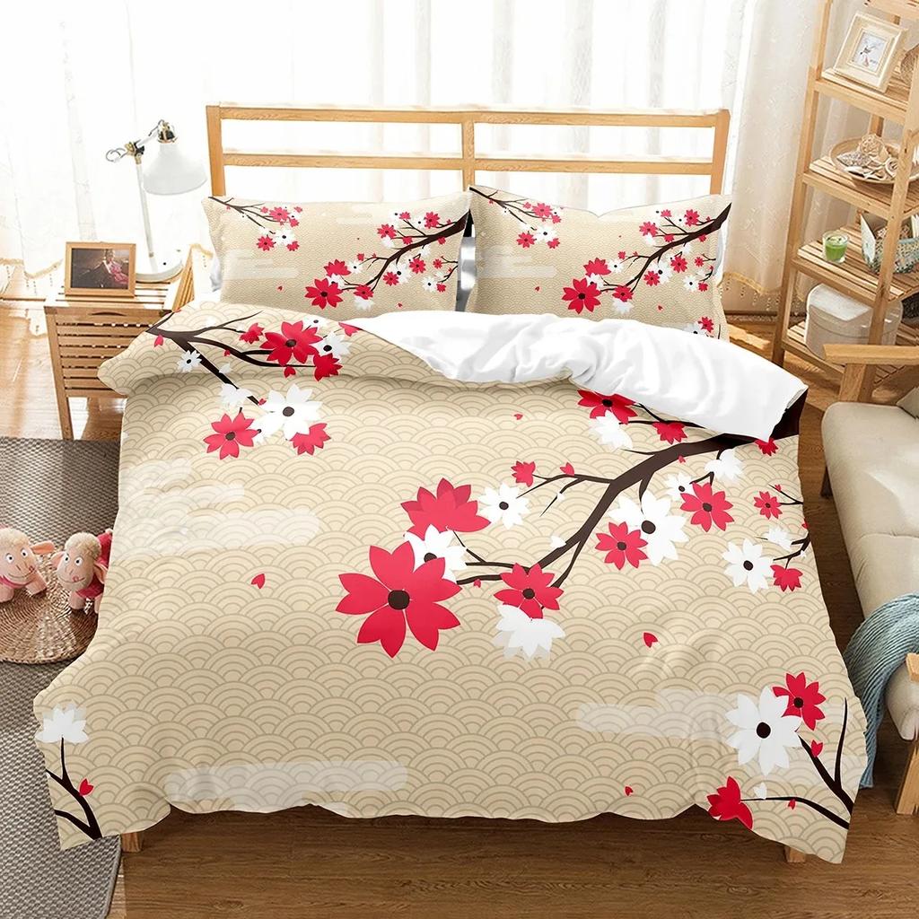Plum Flower Duvet Cover Set Red Flower Pattern Bedding Set for Girls Women Polyester Comforter Cover Quilt Cover King Full Size
