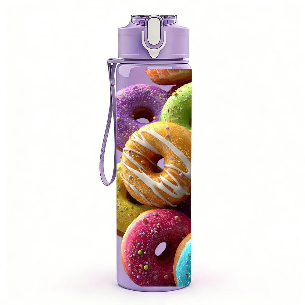 1PC Pile Of Color Donut Sweet Food Print 750ml Color Plastic Sports Water Bottle Leakproof Flip Straw Lid Suitable for Sports Office Home Use