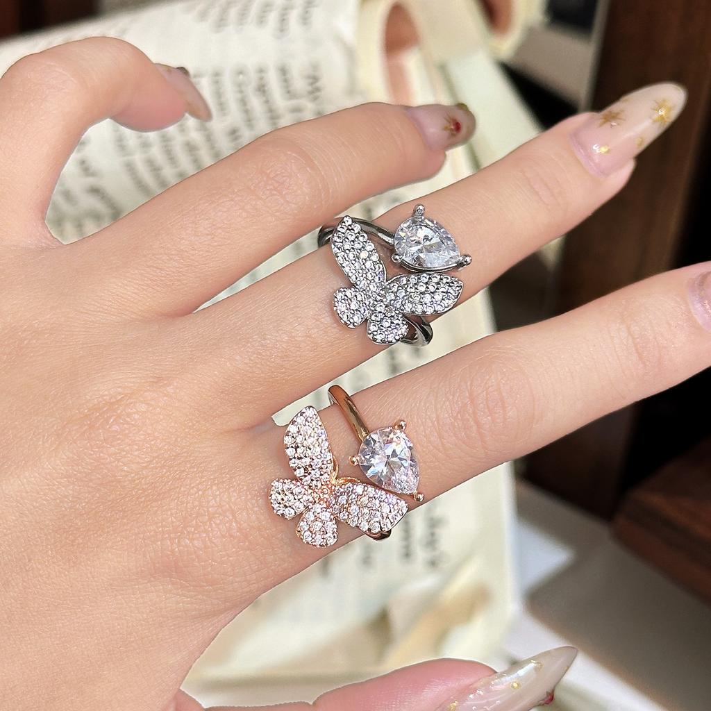 Xiaohongshu hot-selling diamond butterfly ring design light luxury ins style ring
