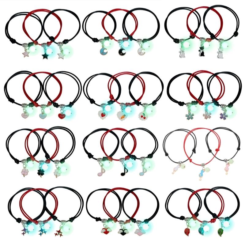 3 Pcs/set Luminous Beads Bracelet Hand-woven Love Star Moon Cat Sisters Novel Luminous Bracelet Adjustable Hand Rope