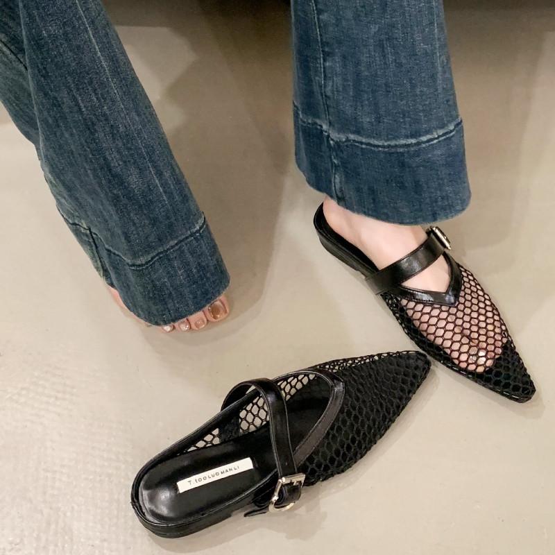 Fashion New Designer Mesh Flat Sandals Women Fashion Hollow Buckle Mary Jane Shoes Women Comfortable Breathable Non-slip Wedges Sandals