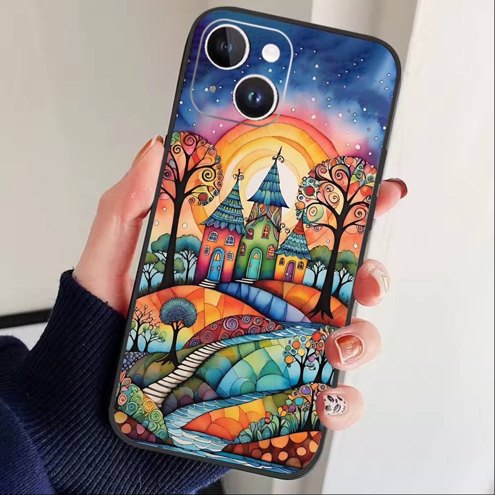 Whimsical landscape Starry Night Phone Case For iPhone 17 16 15 14 13 12 Max Plus Silicone Black Cover