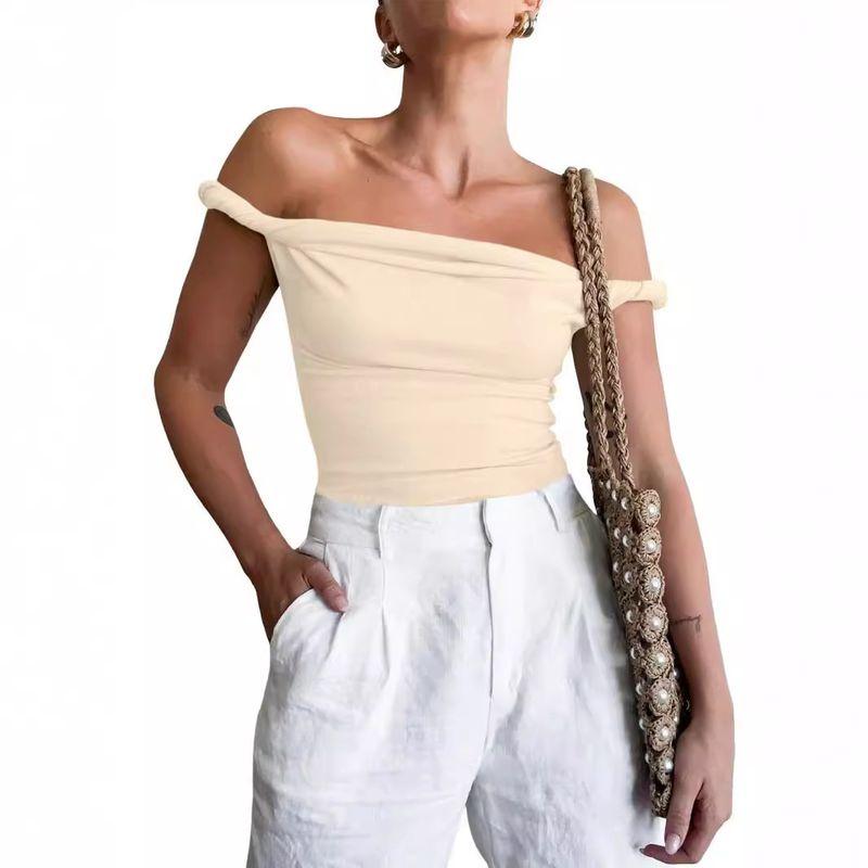 

Solid Color One Neck Sleeveless Top Pure Color off-Neck Slim Fit Sleeveless Top Women Milky White XS