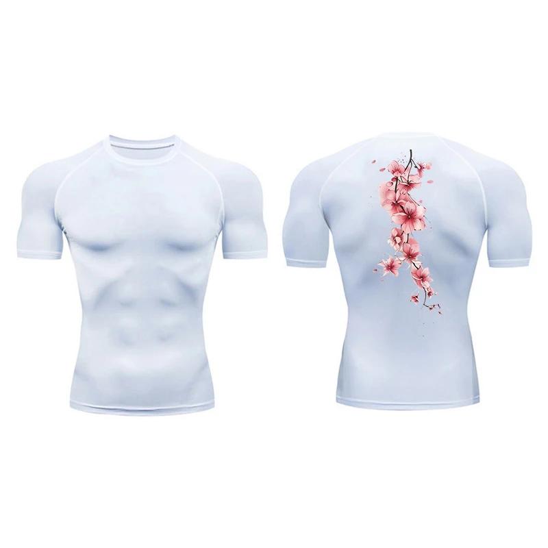 Blossom Print Short Sleeve Compression Tee Shirts Men Summer Athletic Quick Dry T-shirts Fitness Gym Workout Running Sporty Tops