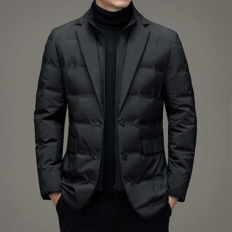 Men's Winter Suit-Style Warm Casual Down Jacket with Detachable Stand Collar, Plus Size Outerwear