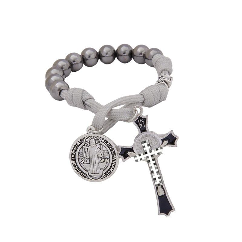 Handmade Alloy Cross Beaded Bracelet, Vintage Medal Charm Braided Rope Religious Wrist Ornament for Daily & Car Hanging