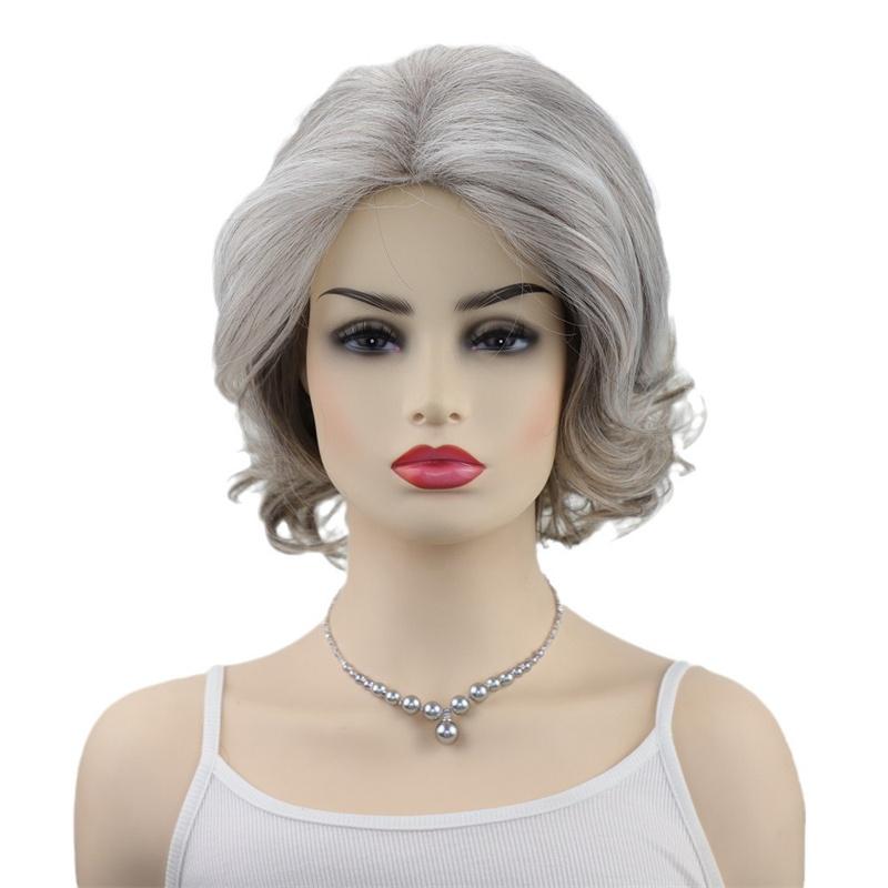 

Синтетические короткие кудрявые парики Соль волосы Серебристо-серый парик для женщин Натуральный Стильный парик для пожилой женщины Короткие парики Соль с перцем Косплей серебряный