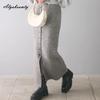 2025 Korean Style Spring Autumn Women Midi Skirt High Waist Black Gray Knitting Skirt Feminine Buttons Split Knitted Skirts Womens