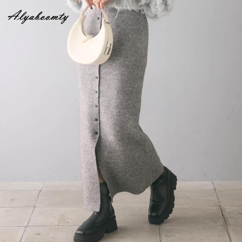 2025 Korean Style Spring Autumn Women Midi Skirt High Waist Black Gray Knitting Skirt Feminine Buttons Split Knitted Skirts Womens