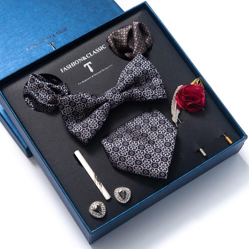 Men's 8-Piece Formal Accessory Set: Bow Tie, Corsage, Brooch, Cufflinks for Weddings.