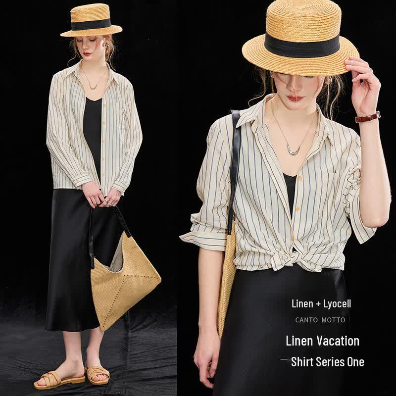 French Style Tencel Linen Striped Blouse M