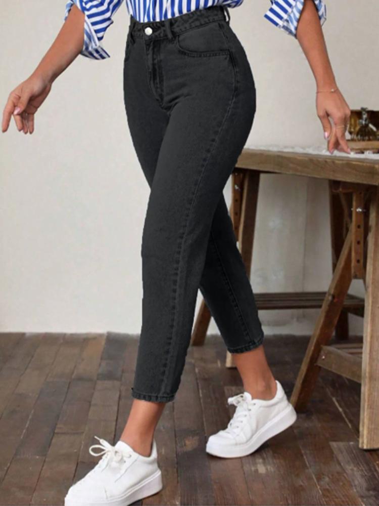 Taschen Mikroelastische Hosen Hohe Taille Einfarbige Damen Gerade Hosen Mode High Street Täglich Vielseitig Frühling Jeans