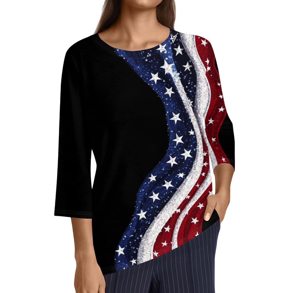 Women's Fashion Casual Round Neck 3/4 Sleeve Loose T-Shirt Ladies Top