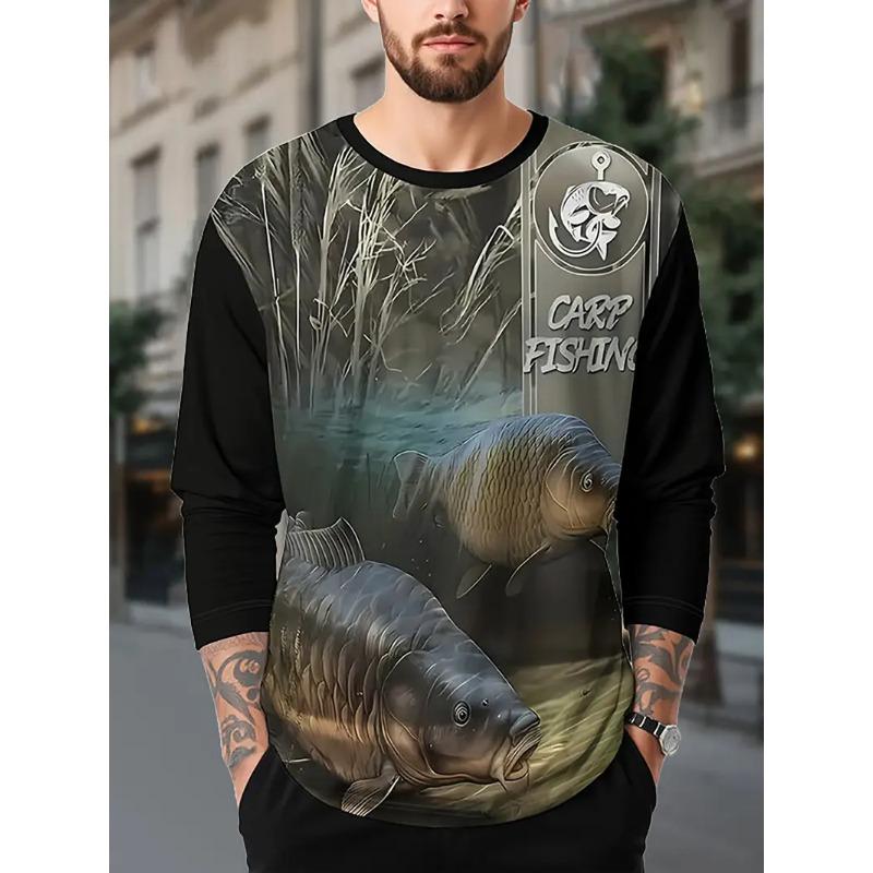 Men's Outdoor Fishing Long Sleeve T-shirts 3D Fish Print Round Neck Tshirt Summer Casual Loose Top Oversized Men Fishing Clothes