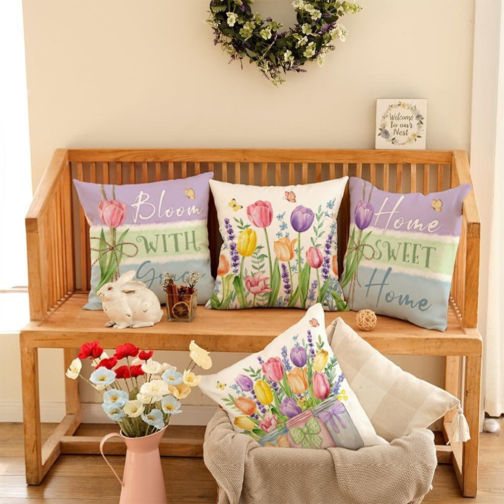 Colorful Tulip Graceful Pillow CoversLiving room sofa cushion cover, soft and comfortable, bedroom room decoration