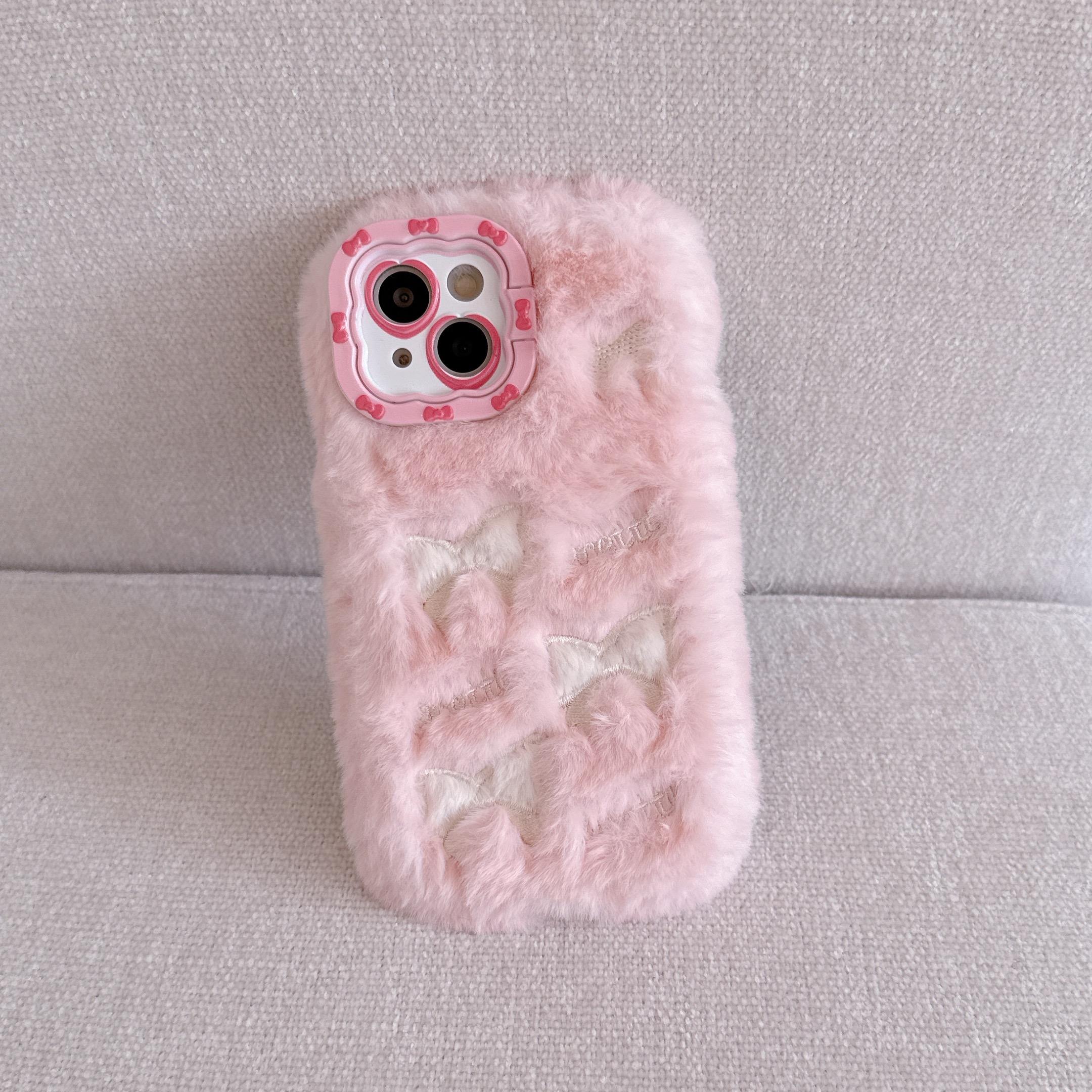 

Милый вышитый бант плюшевый чехол для телефона для девочек осенне-зимний пушистый чехол для телефона для iPhone 16 15 14 13 12 11 Pro Max For iPhone 16