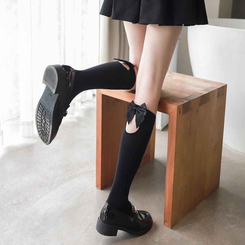 Japanese Velvet Calf Socks Girl'S Bow Mid-High Socks Cute Lolita Knee Socks Spring And Summer Black And White