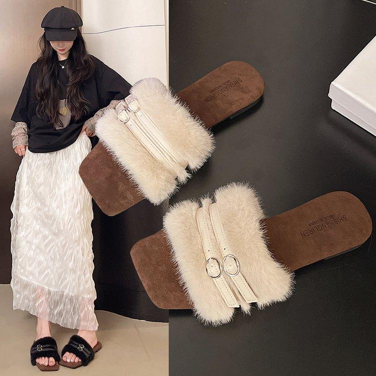 [Youshilai] New one-word fluffy slippers women's 2025 autumn and winter wear versatile temperament fairy wind cotton slippers