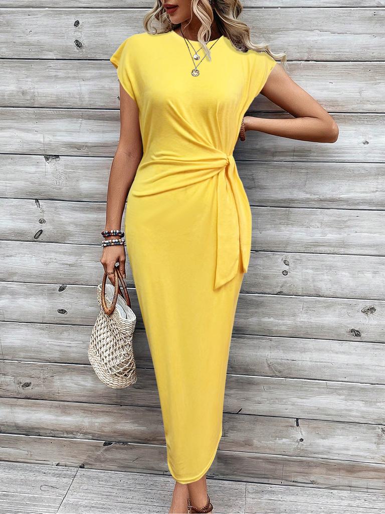 Sommer Damen Langer Rock O-Ausschnitt Kurzarm Gestreift Tailliert Mode Schlank-schlank Urlaub Party Freizeitkleid