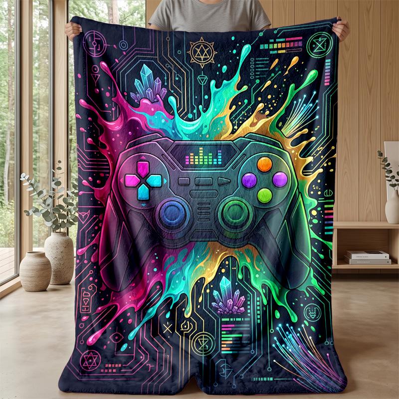 Neon Tech Game Controller Theme Blanket Lightweight Warm Flannel Blanket Decorative Throw Blanket for Home Decoration
