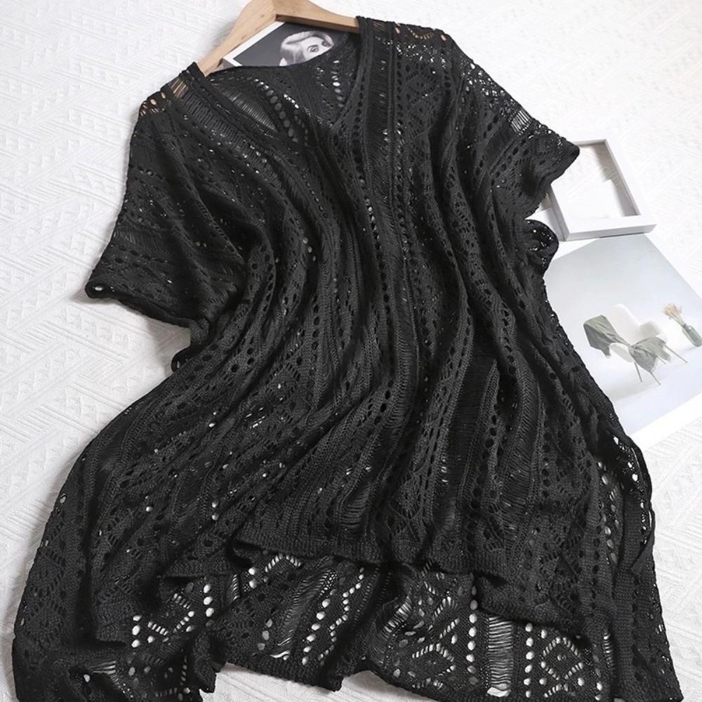 V-neck Hollow Out Swimsuit Cover Up Oversized Beach Wear Leisure Knitted Bikini Cover Up  Pool