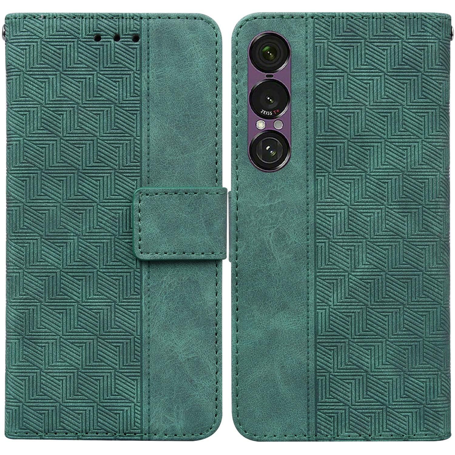 

For Sony Xperia 1 VII Case Geometry Pattern Leather Wallet Phone Cover with Wrist Strap Green