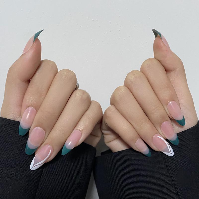 Emerald Almond Shape French Nude Manicure Wearable Nails