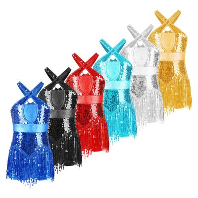 Kinder Mädchen Latein Tanz Cha-Cha Performance Kostüm Glitzernde Pailletten Quaste Turnanzug Kreuz Vorne Cutout Hinten Fransen Body Tanzbekleidung